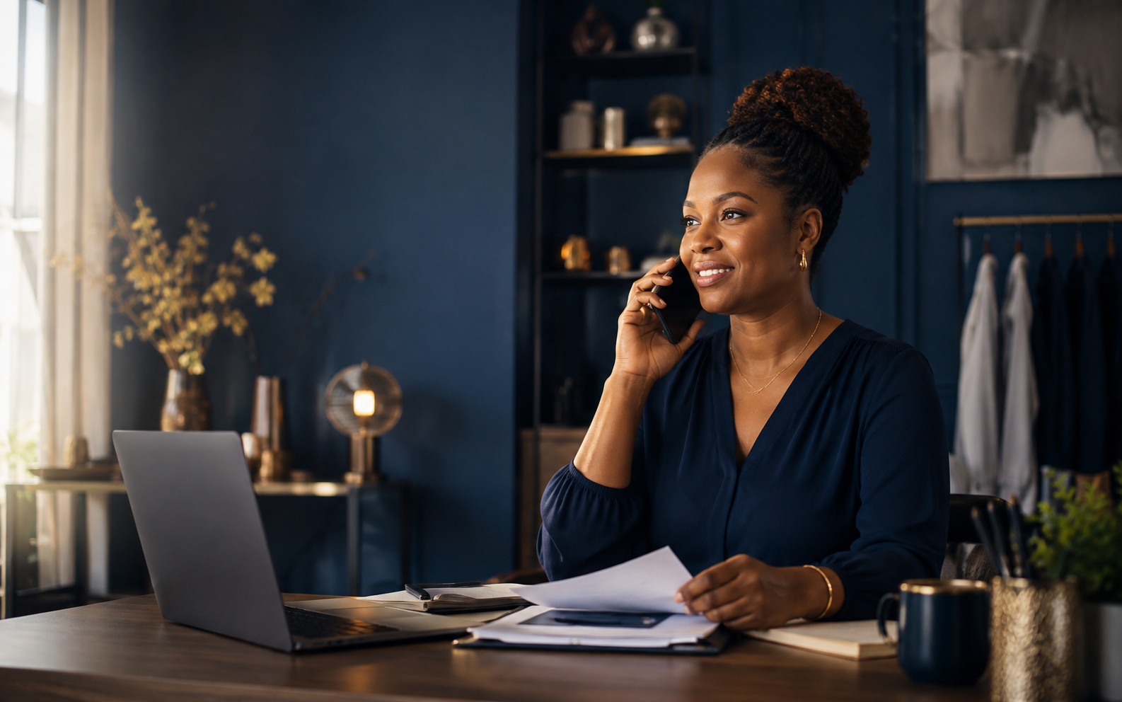 Confident entrepreneur running her business while Sharifah AI handles incoming calls